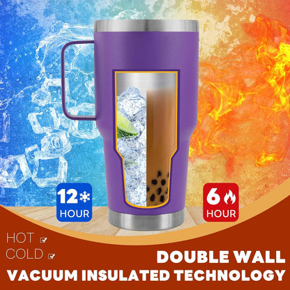 30 oz Tumbler With Handle, Double Wall Stainless Steel Vacuum Insulated Travel Mug with Splash-Proof Lid Metal Straw and Brush (Cream)