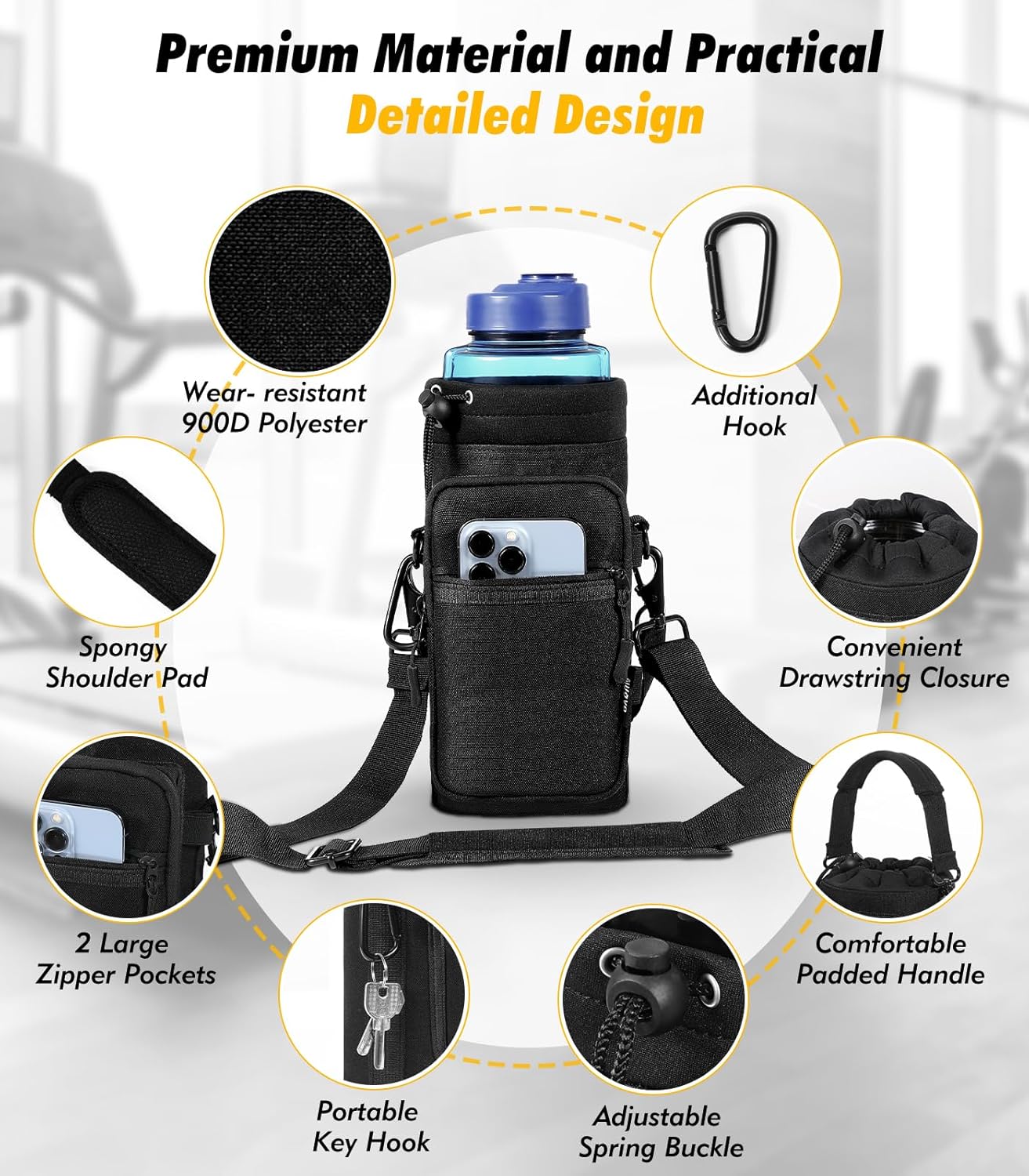 Nuovoware Water Bottle Carrier Bag,25oz/40oz/64oz Bottle Pouch Holder,Adjustable Shoulder Hand Strap 2 Pocket Sling Neoprene Sleeve Sports Accessories for Hiking Travelling Camping