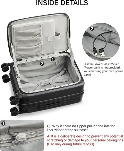Hanke 20 Inch Expandable Carry On Luggage with Cup Holder 22x14x9 Airline Approved, Top Opening Hard Shell Suitcases with Wheels, Carry-On Travel Suitcase Trunk Luggage with Lock, Smoke White