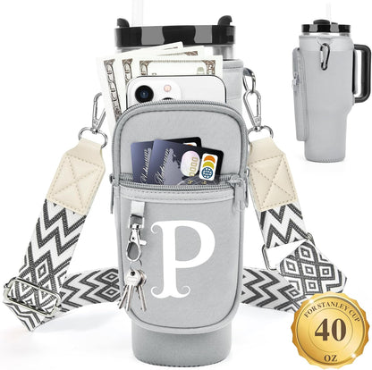 LOKASS Personalized Water Bottle Holder with Strap for Stanley Cup Accessories 40 oz, Initial for Stanley Cup Holder Carrier Bag with Phone Pocket, Stylish Tumbler Accessories for Daily Use Hands-Free