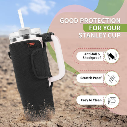 Water Bottle Carrier for Stanley Quencher 30oz Tumbler Cup Water Bottle Holder with Strap Neoprene Protective Tumbler Carrying Bag for Hiking Fitness Travelling - Black