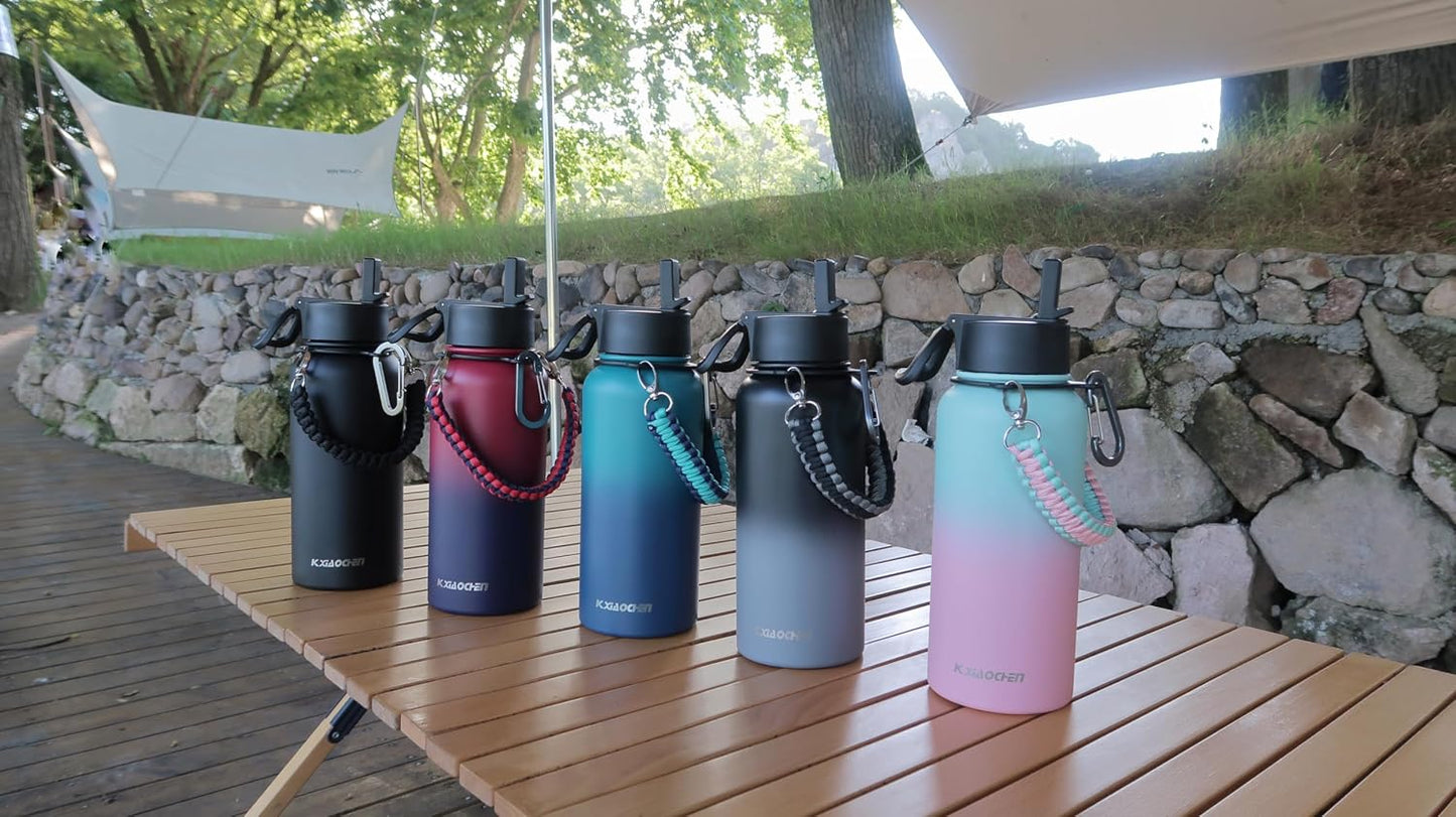 KXIAOCHEN Insulated Water Bottle With Strap, Cold For 48 Hrs Leak Proof, Triple Wall Stainless Steel Sports Water Bottle With Straw And Spout Lid For Gym Hiking Travel