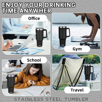 20 oz Insulated Coffee Mug with Ceramic Coating, Stainless Steel Travel Mug Tumbler with Handle Lid and Straw, Double Wall Leak-Proof Coffee Travel Mug Keeps Drink Hot and Cold (Black)