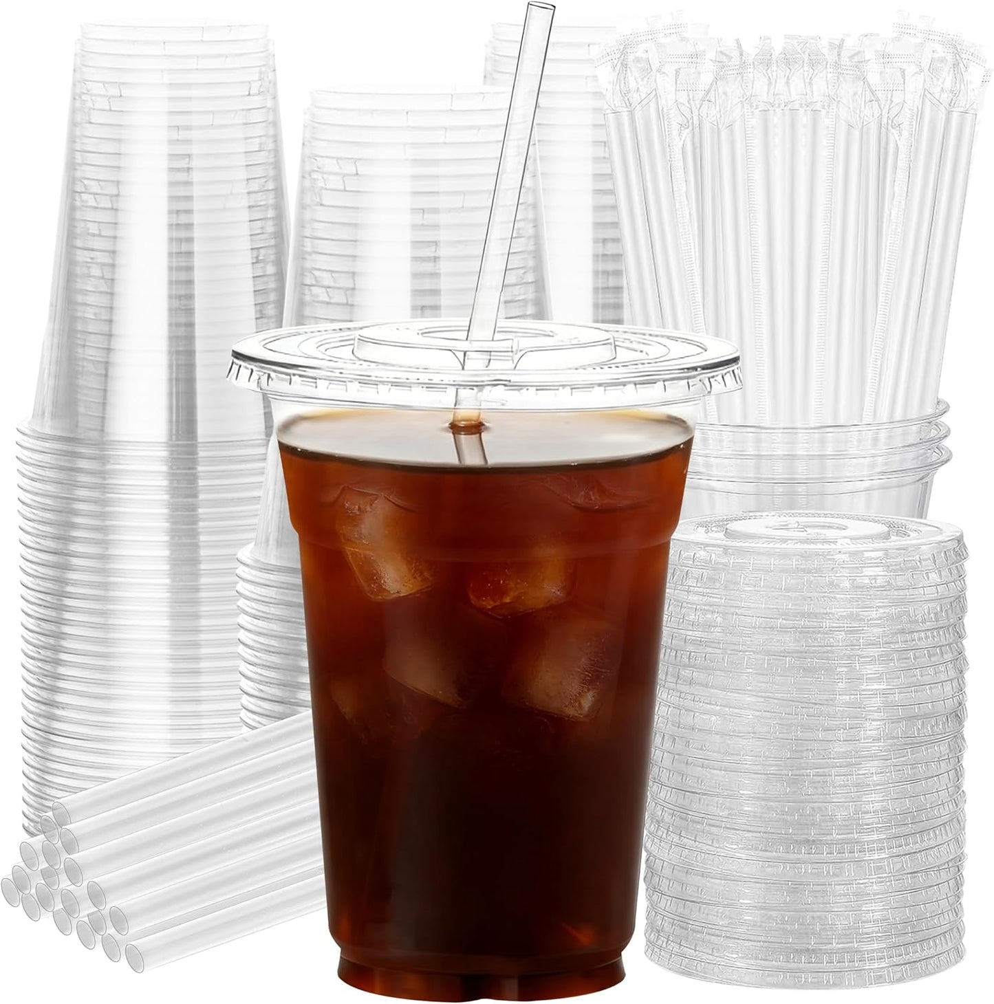 25 Pack 16 oz Clear Plastic Cups with Lids and Straws, Leak-Proof Disposable Iced Coffee Cups, BPA-Free PET Cold Drink Tumblers for Smoothie, Tea and Juice, Crystal Clear To Go Cups
