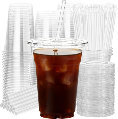 25 Pack 16 oz Clear Plastic Cups with Lids and Straws, Leak-Proof Disposable Iced Coffee Cups, BPA-Free PET Cold Drink Tumblers for Smoothie, Tea and Juice, Crystal Clear To Go Cups