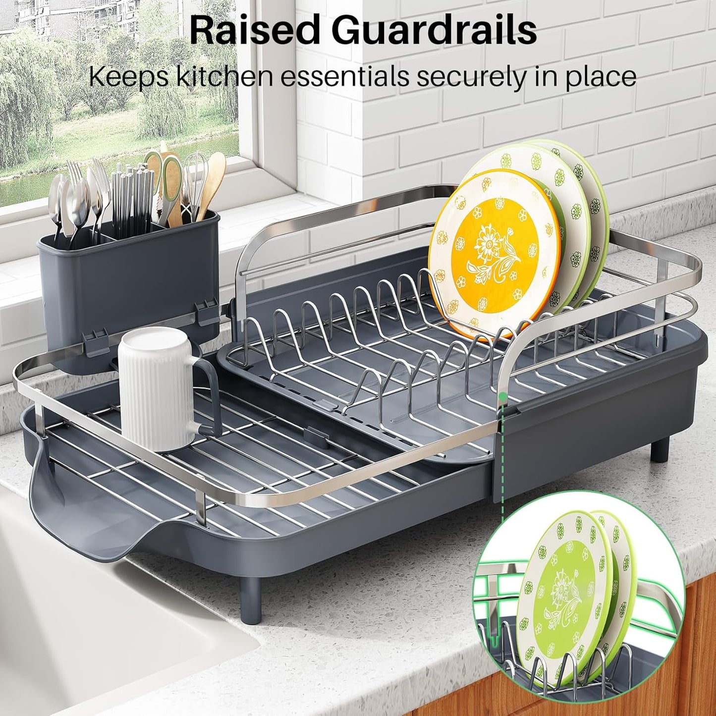 SAYZH Dish Drying Rack - Expandable Dish Rack for Kitchen Counter, Rust-Resistant Dish Drainer with Utensil Holder and Raised Guardrail, Kitchen Organizer for Cup and Bottle (Black)