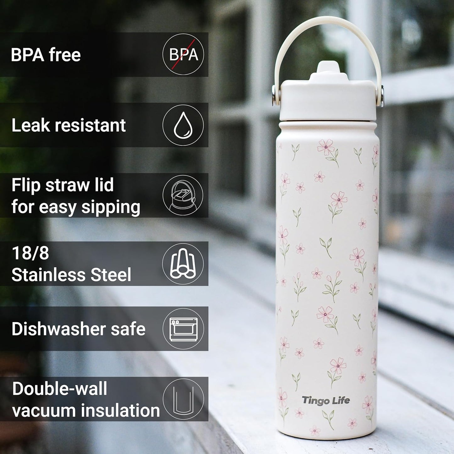 25oz Insulated Stainless Steel Aesthetic Cute Water Bottle - 2 Lids Included (Straw + Sport Handle), Leakproof BPA-Free, Dreamy Cream Cute Floral Design, Perfect Gym/Yoga/Office Companion