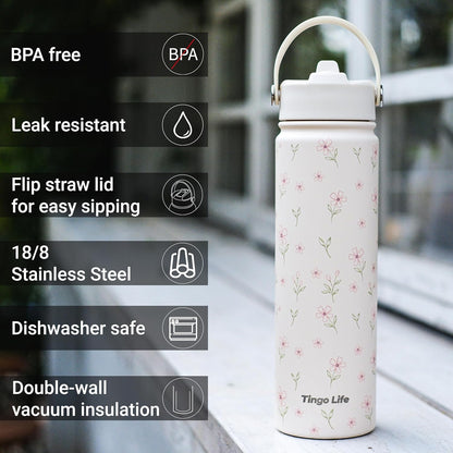 25oz Insulated Stainless Steel Aesthetic Cute Water Bottle - 2 Lids Included (Straw + Sport Handle), Leakproof BPA-Free, Dreamy Cream Cute Floral Design, Perfect Gym/Yoga/Office Companion