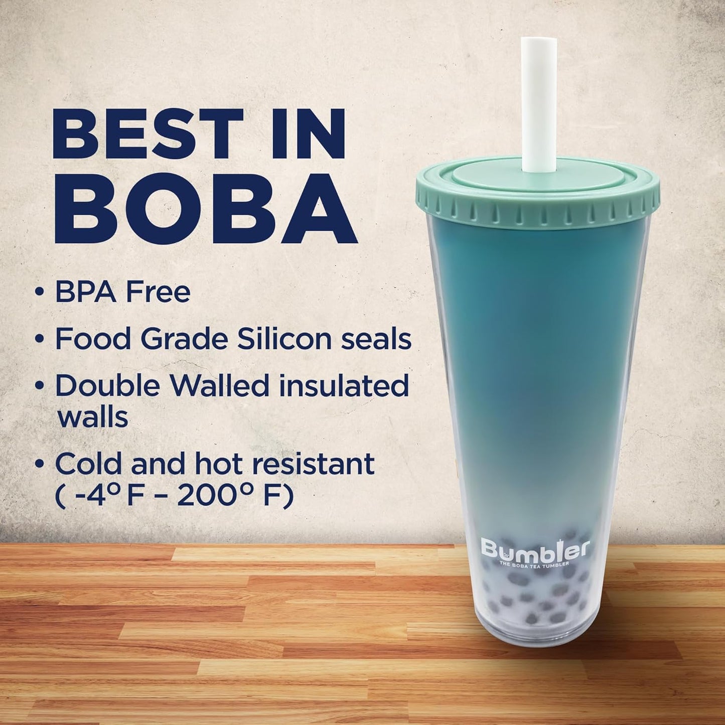 Bumbler Original Boba Tea Cup - 24oz Double-Walled Plastic Reusable Tumbler with Extra Wide Straw & Leak-Proof Lid - BPA-Free Smoothie & Iced Coffee Travel Mug - Blush Pink