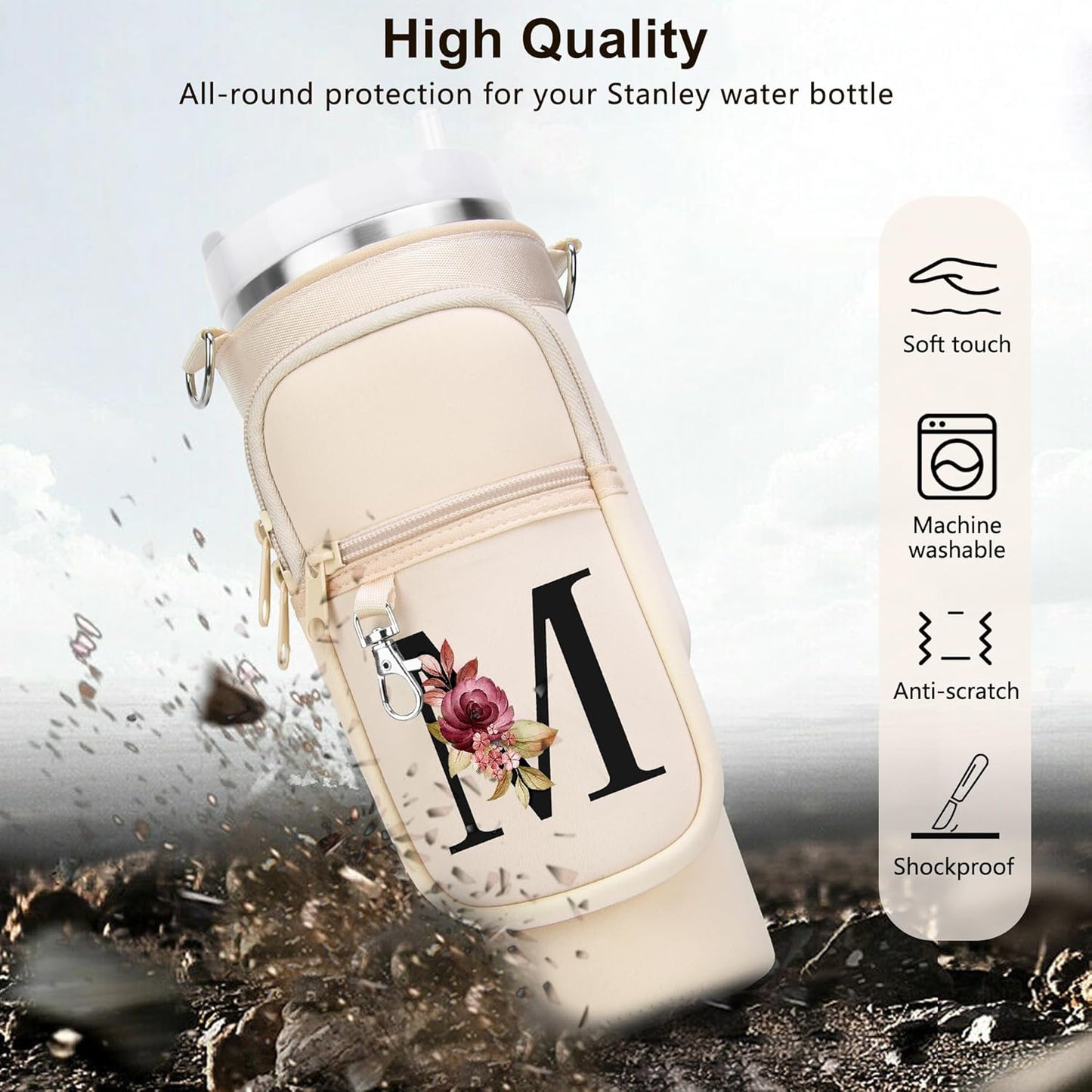 LOKASS Personalized Water Bottle Holder with Strap for Stanley Cup Accessories 40 oz, Initial for Stanley Cup Holder Carrier Bag with Phone Pocket, Stylish Tumbler Accessories for Daily Use Hands-Free