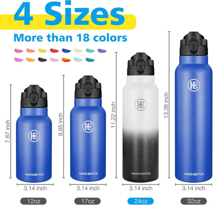Han's Bottle Sports Water Bottle - 24 Oz, Straw Lid, Leak Proof, Vacuum Insulated Stainless Steel, Double Walled, Thermo Mug,Black