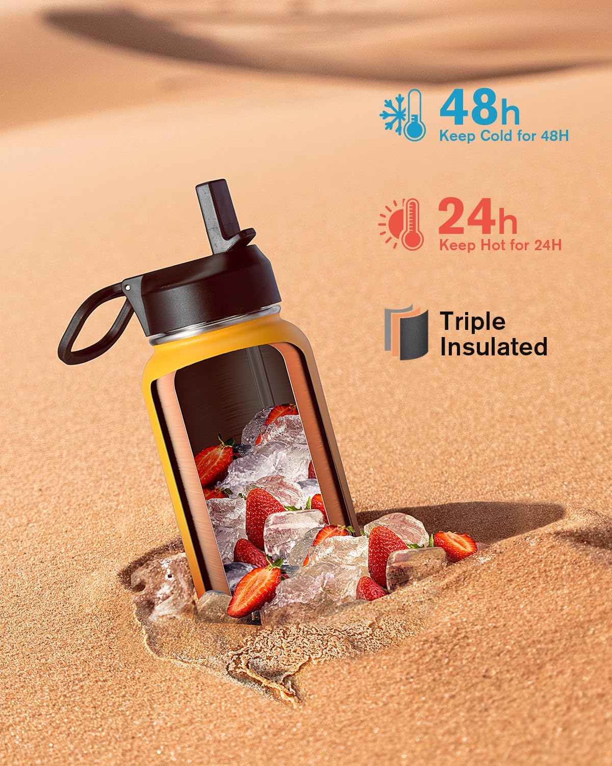 Half Gallon Water Bottle Insulated with Straw & 3 Lids, Coolflask 64 oz Water Jug Large Metal Stainless Steel Wide Mouth for Sports, Gym or Office, Non-BPA Keep Cold 48H Hot 24H, Samurai Cyan