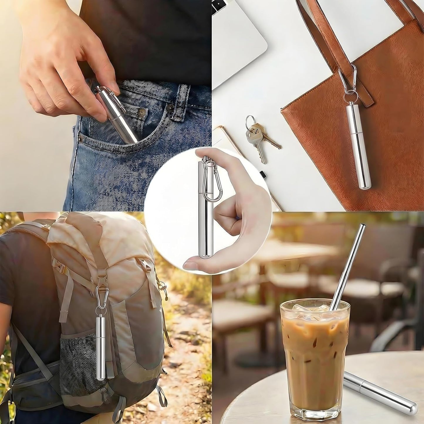 Collapsible Stainless Steel Drinking Straws with Aluminum Case, Cleaning Brush, and Keychains（Black+Silver）