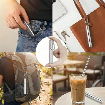 Collapsible Stainless Steel Drinking Straws with Aluminum Case, Cleaning Brush, and Keychains（Black+Silver）