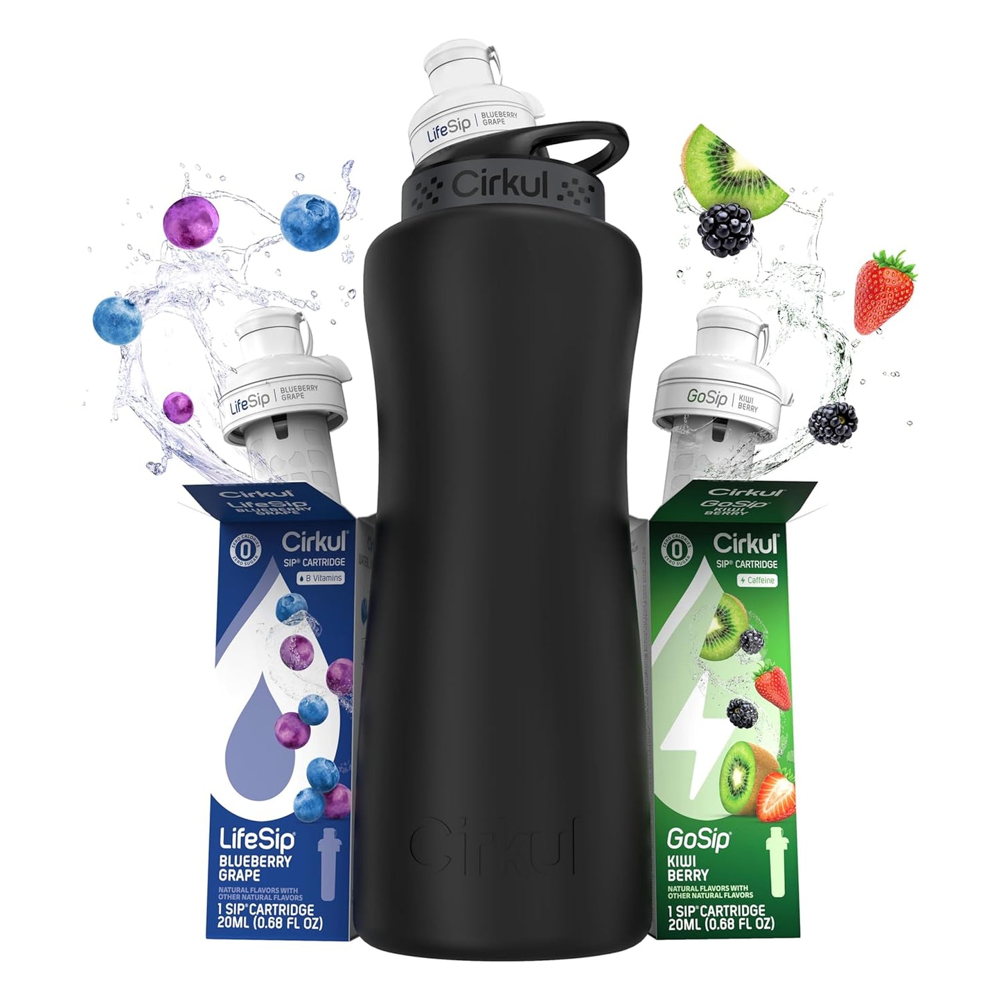 Cirkul 32oz. Chameleon Stainless Steel Water Bottle Starter Kit with Green Lid, 2 Flavor Cartridges (1 LifeSip Blackberry Blueberry, 1 GoSip Berry Blue Punch) No Sugar, Zero Calorie Drink Mix
