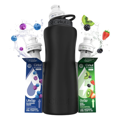 Cirkul 32oz. Chameleon Stainless Steel Water Bottle Starter Kit with Green Lid, 2 Flavor Cartridges (1 LifeSip Blackberry Blueberry, 1 GoSip Berry Blue Punch) No Sugar, Zero Calorie Drink Mix