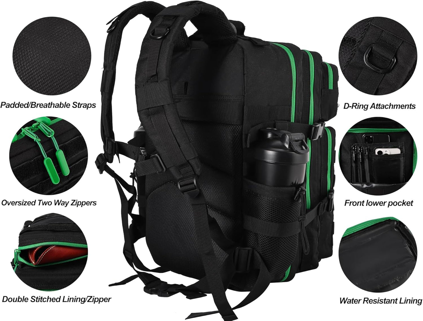 LHI Military Tactical Backpack for Men and Women 45L Army 3 Days Assault Pack Bag Large Rucksack with Molle System - Black - Colors B