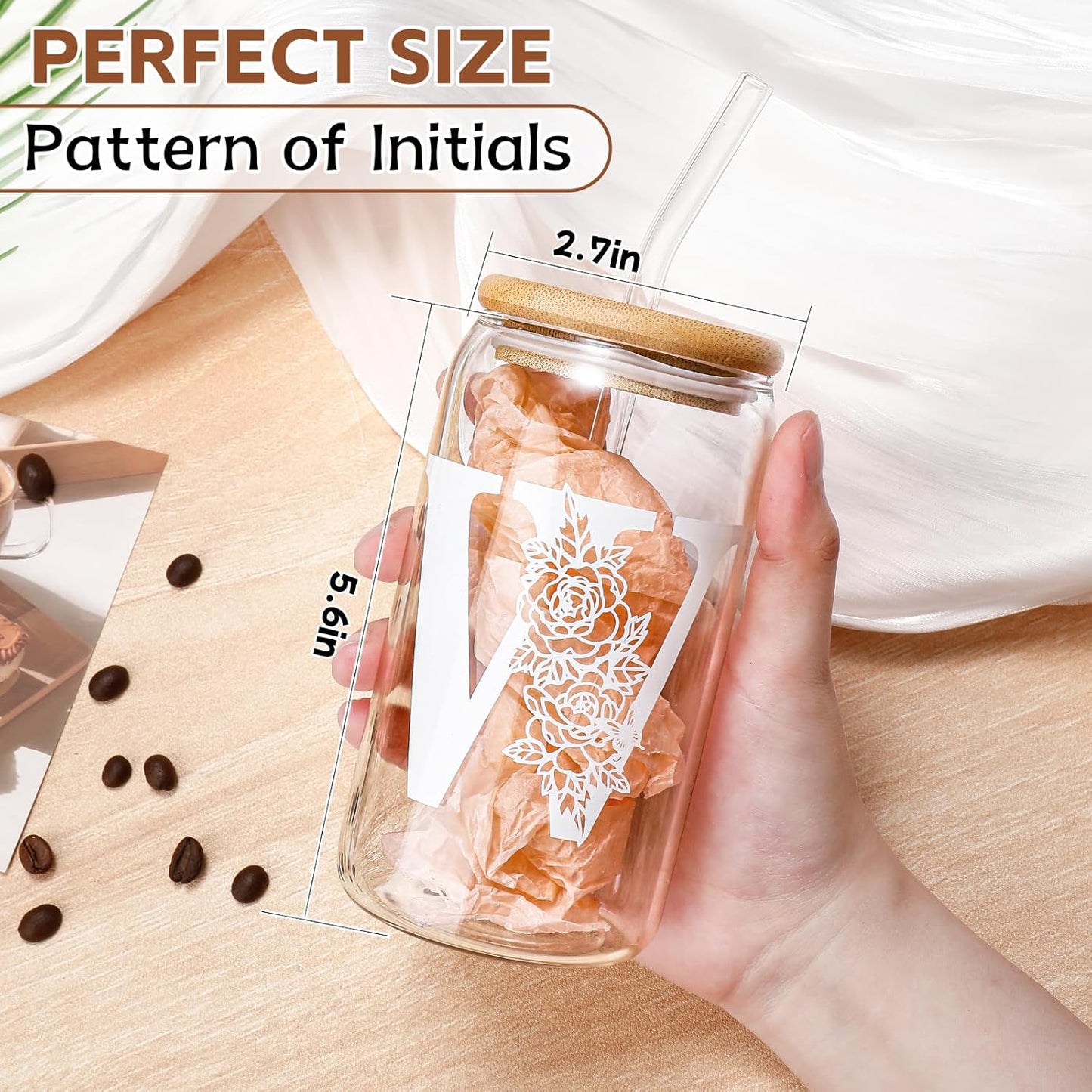 Glass Cups with Lids and Straws: Personalized Initial Glass Cup Be Used As Reusable Iced Coffee Cups with Lids,Cute Matcha Tumbler - The Christmas/Birthday Gifts for Women - M Smoothie Cup