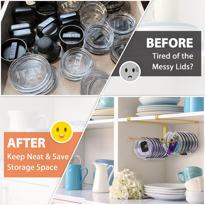 Tumbler Lid Organizer, Horizontal Tumbler Lid Storage Hook Up to 10 Lids, Space Saving Cup Lid Holders Under Cabinet Tumbler Lid Hook for Kitchen Organizer and Storage,Hanging Paper Towel Rack Hanger