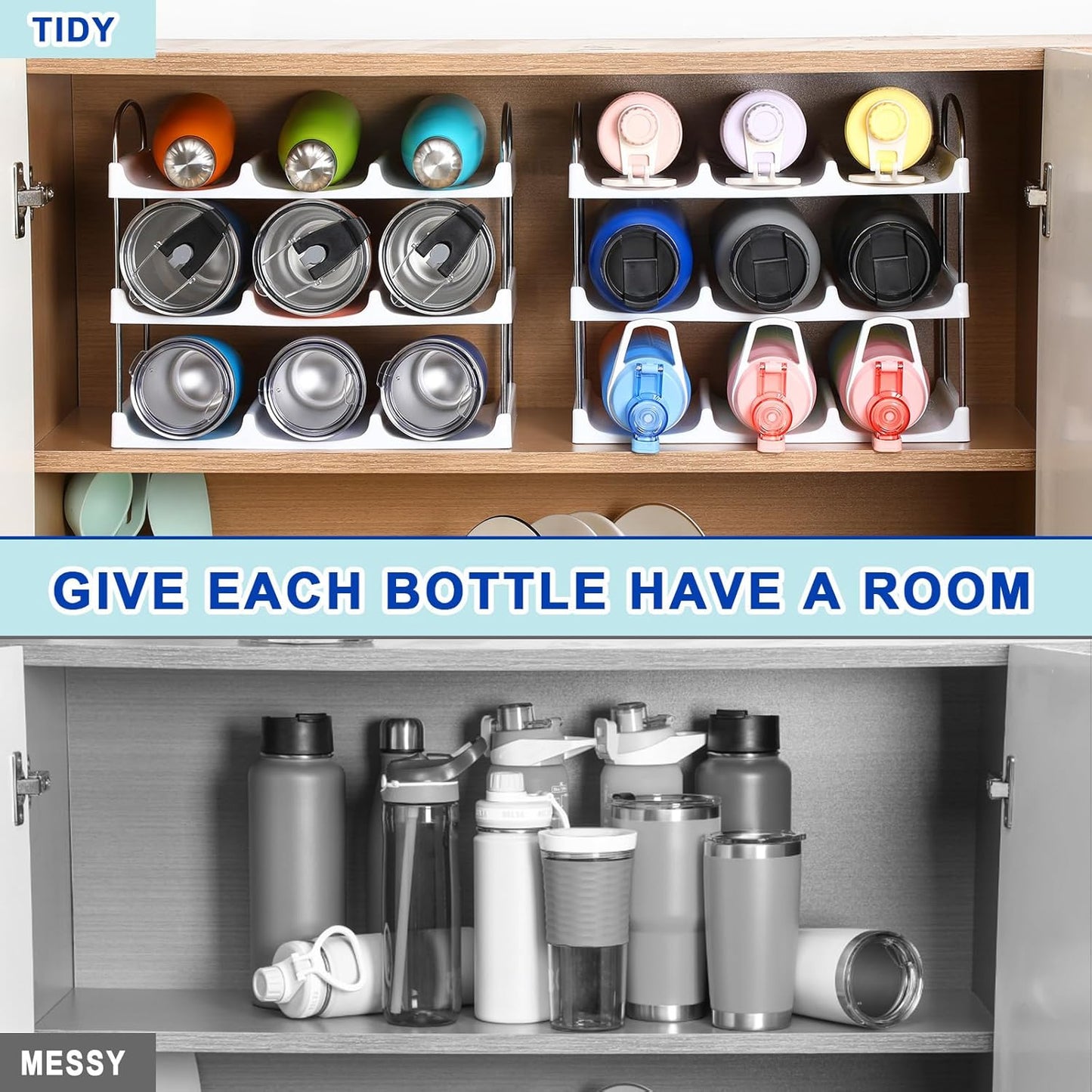 LARGER Compartment - 3 Tier Stackable Water Bottle Organizer Holder - for Stanley 40oz & Others' Large Tumbler - Clear Wine Rack, 12 Cup Bottle Holder for Cabinet Home Countertop Fridge Pantry Shelf