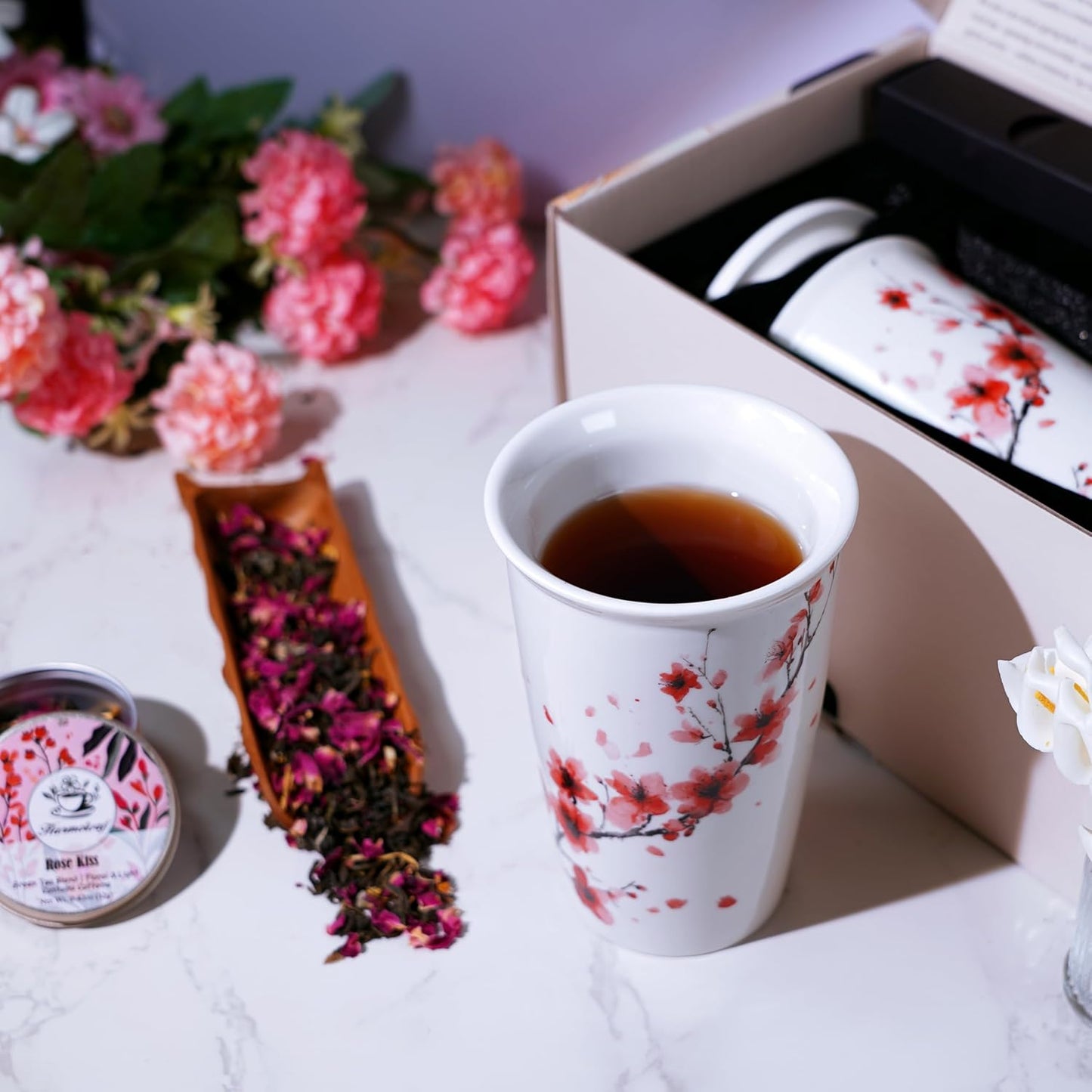 Harmoleaf Tea Gift Set for Women - 6 Herbal Loose Leaf Tea Blends, Insulated Ceramic Cup with Infuser & Lid | Birthday, Mother's Day, Anniversary & Retirement Gift for Her