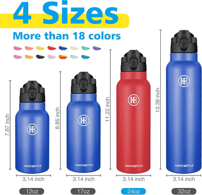 Han's Bottle Sports Water Bottle - 24 Oz, Straw Lid, Leak Proof, Vacuum Insulated Stainless Steel, Double Walled, Thermo Mug,Black