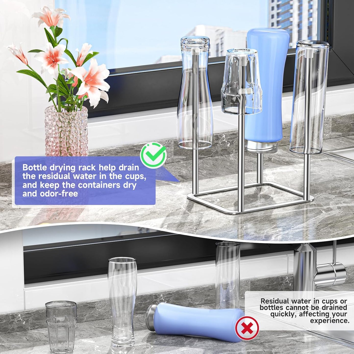 Water Bottle Drying Rack Reusable Bottle Rack Dryer Kitchen Stand Holder Metal Countertop Baby Bottle Drying Rack Water Cup Drying Rack for Plastic Bags, Bottles and Cups (Sliver, Small)