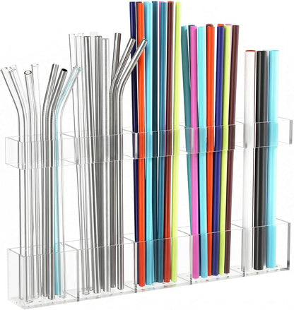 Straw Holder for Cabinet Door, Reusable Tumbler Straw Organizer Storage Container Mount for Kitchen Counter Cupboard Door (Transparent, 9.5inch)