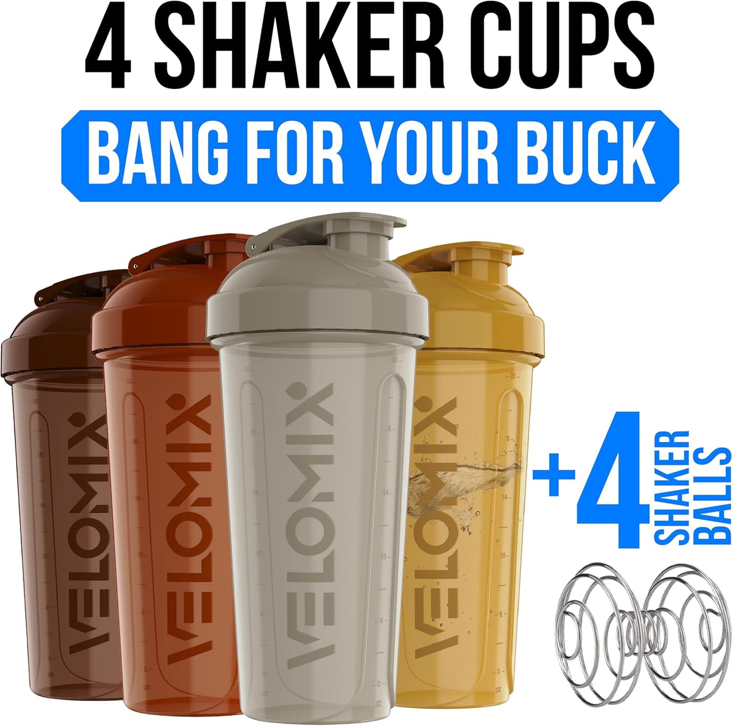 VELOMIX -4 PACK 28 Oz Protein Shaker Bottle for Protein Mixes - 4x Wire Whisk | Leak Proof Shaker Cups for Protein Shakes | Large, Stackable Protein Shaker Bottles Pack | Dishwasher Safe (Aqua Depths)