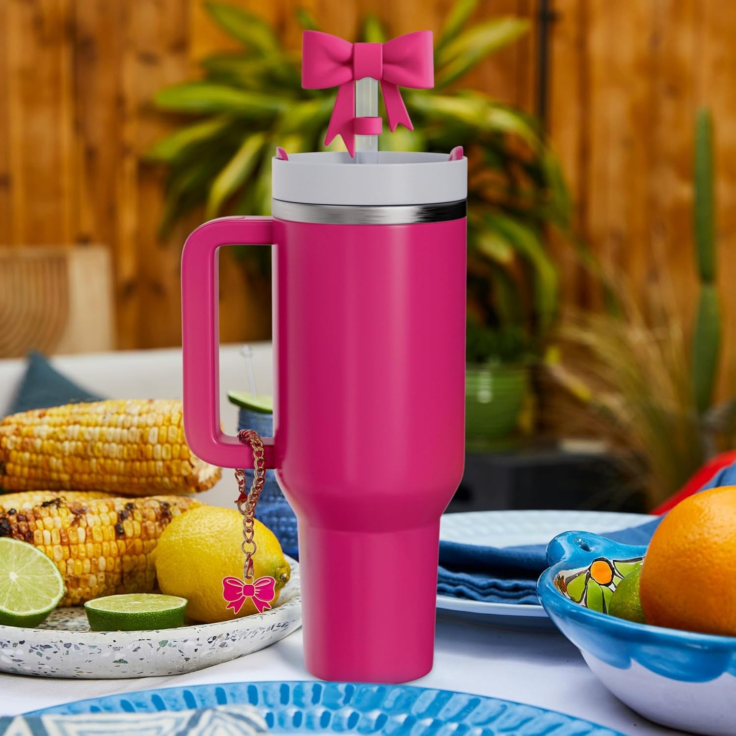 Compatible with Stanley Cup Accessories - 3Pcs 10mm Bow Straw Topper Compatible with Stanley Cup Straw Cover Cap, 2pcs Pink Bow Charms for Stanley 30&40 Oz Tumbler with Handle