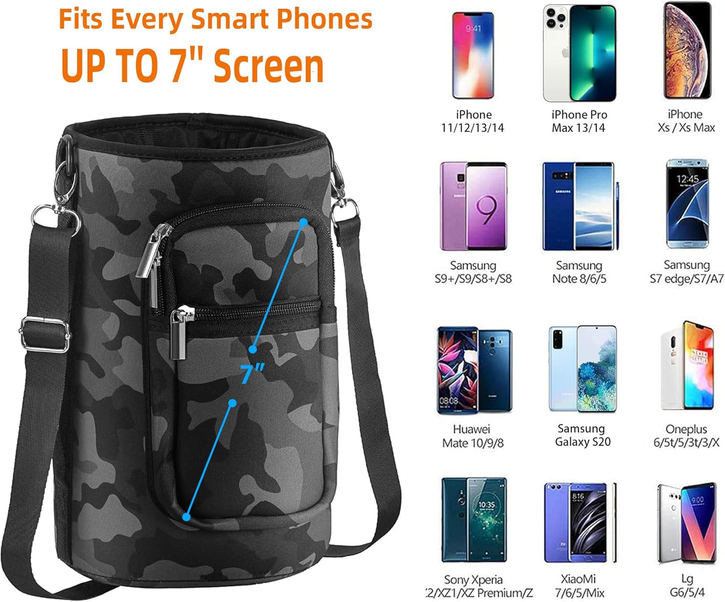 AceTreker 32/40/64/128 oz Neoprene Insulated Water Bottle Carrier Bag, Sling Bag Sleeve Pouch Holder with Strap & Paracord Handle and 2 Pocket for Travelling, Hiking, Camping