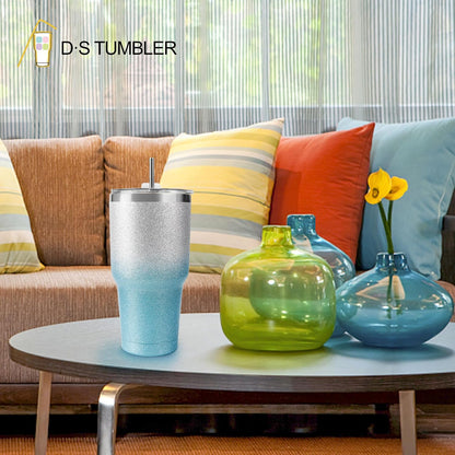 D·S 30oz Blue Tumbler Stainless Steel Double Wall Vacuum Insulated Mug with Straw and Lid, Cleaning Brush for Cold and Hot Beverages