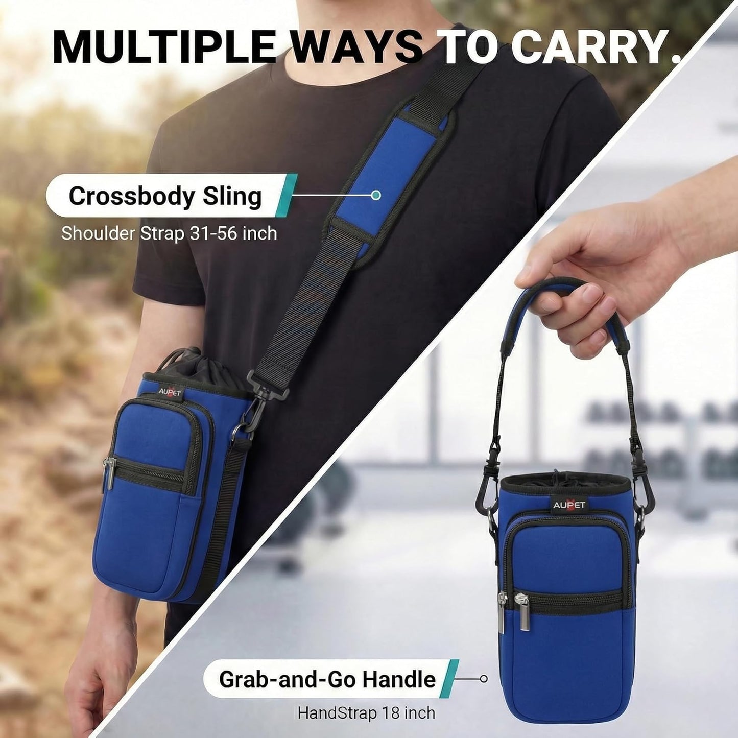 AUPET Water Bottle Sling Bag Sleeve Holder Carrier 25/32/40/64 oz,Insulated Crossbody Water Bottle Case Cover with Strap and Pockets for Men/Women Walking Hiking