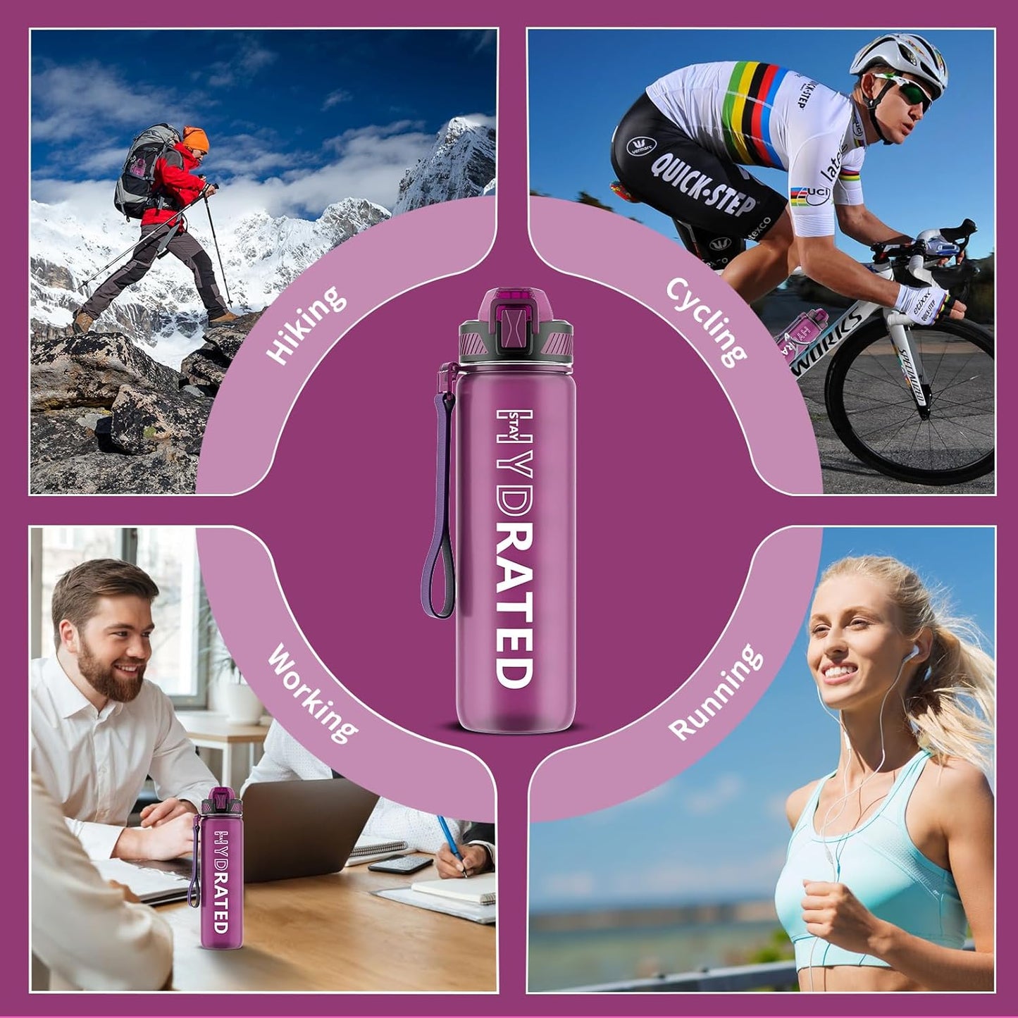 QLUR Water Bottle with Straw, 32oz Motivational Water Bottles with Time Marker to Drink, Tritan BPA Free, 1L Sports Water Bottle with Carry Strap LeakProof for Women Gym Fitness Outdoor (1 Pack)
