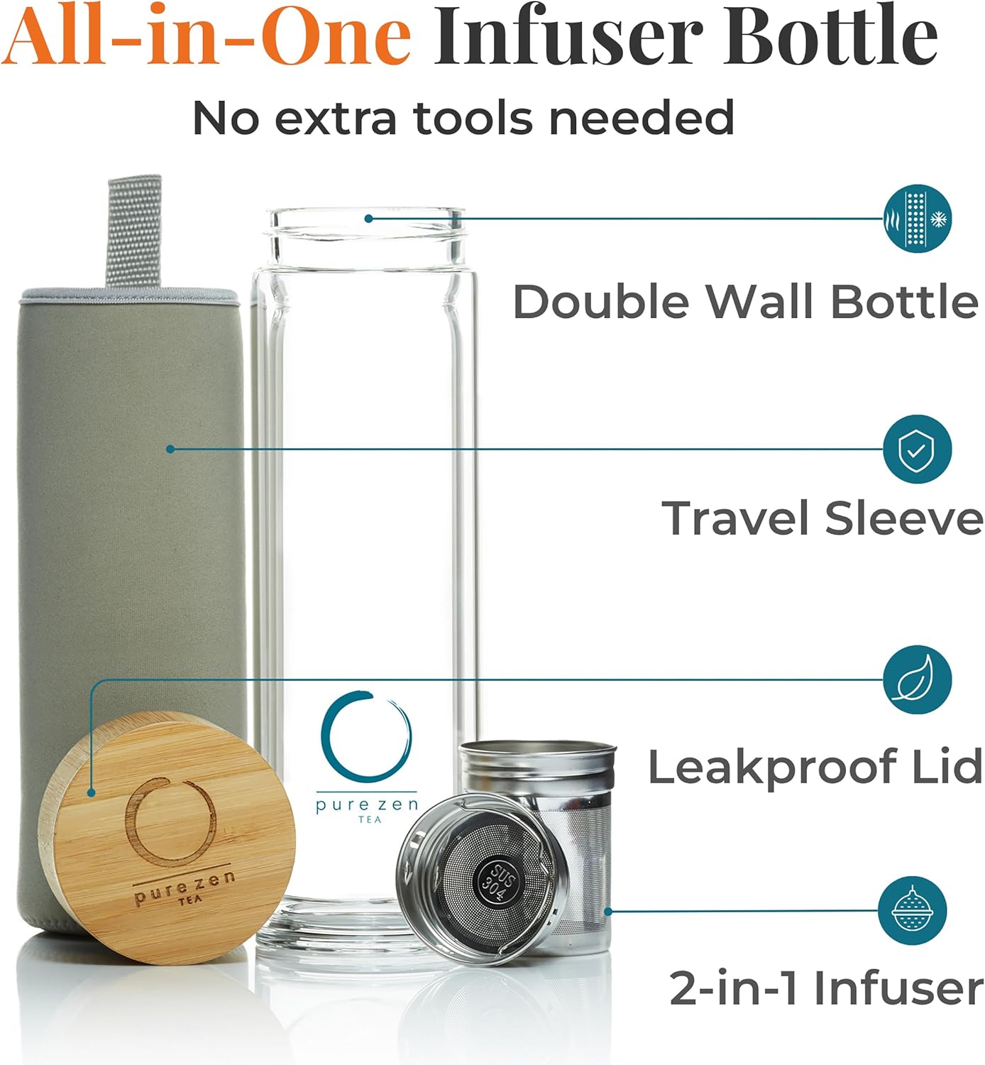 Leakproof Tea Infuser Bottle with Stainless Steel Filter - Insulated Double Wall Tea Tumbler with Infuser for Loose Leaf, Herbal Infusions and Fruit Infused Water - Travel Mug with Bamboo Lid - 15 oz