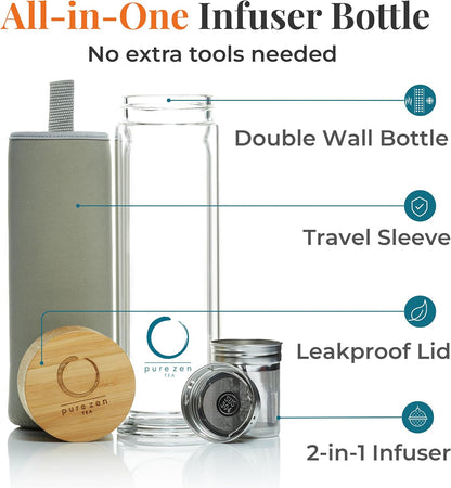 Leakproof Tea Infuser Bottle with Stainless Steel Filter - Insulated Double Wall Tea Tumbler with Infuser for Loose Leaf, Herbal Infusions and Fruit Infused Water - Travel Mug with Bamboo Lid - 15 oz