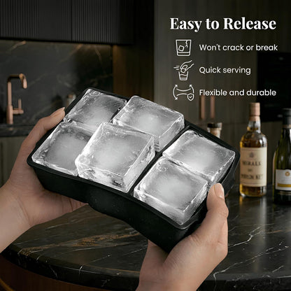 KitchFort Large Silicone Ice Cube Tray (2-Pack), Easy Release 2" Big Ice Cubes - Cocktail, Whiskey Ice Cubes Mold - Ice Trays for Freezer with Lid - Stackable Silicone Ice Tray - Black