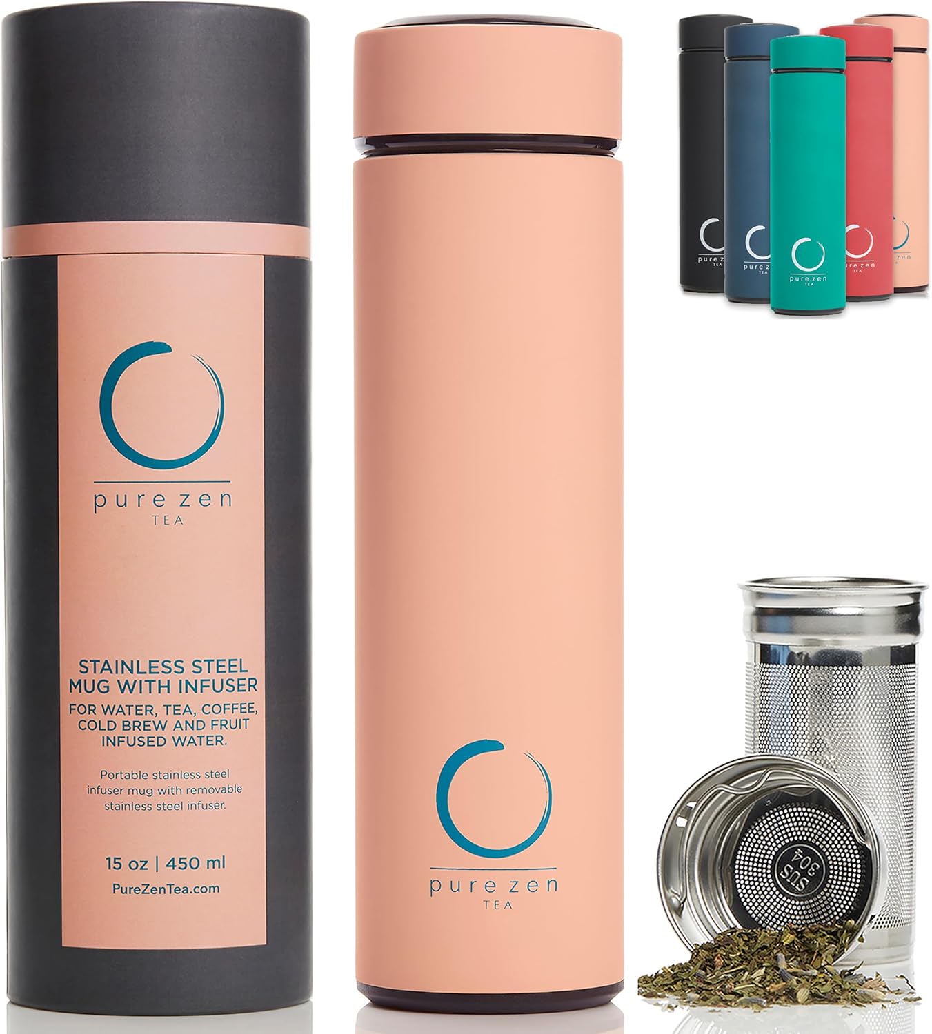 Pure Zen Tea Thermos with Infuser for Hot and Cold Infusions - Stainless Steel - Tea Infuser Bottle - Leakproof Travel Mug with Filter - 15oz - Blue