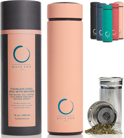 Pure Zen Tea Thermos with Infuser for Hot and Cold Infusions - Stainless Steel - Tea Infuser Bottle - Leakproof Travel Mug with Filter - 15oz - Blue