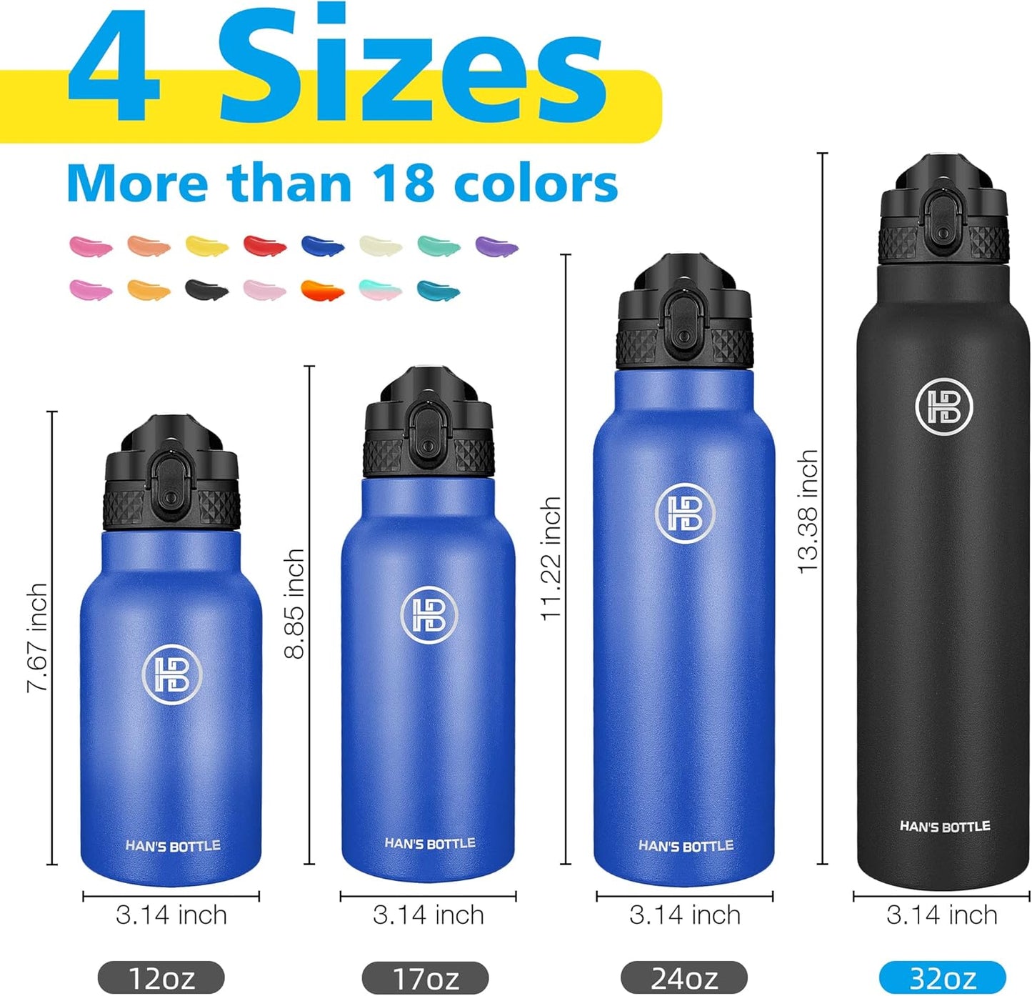 Han's Bottle Sports Water Bottle - 24 Oz, Straw Lid, Leak Proof, Vacuum Insulated Stainless Steel, Double Walled, Thermo Mug,Black