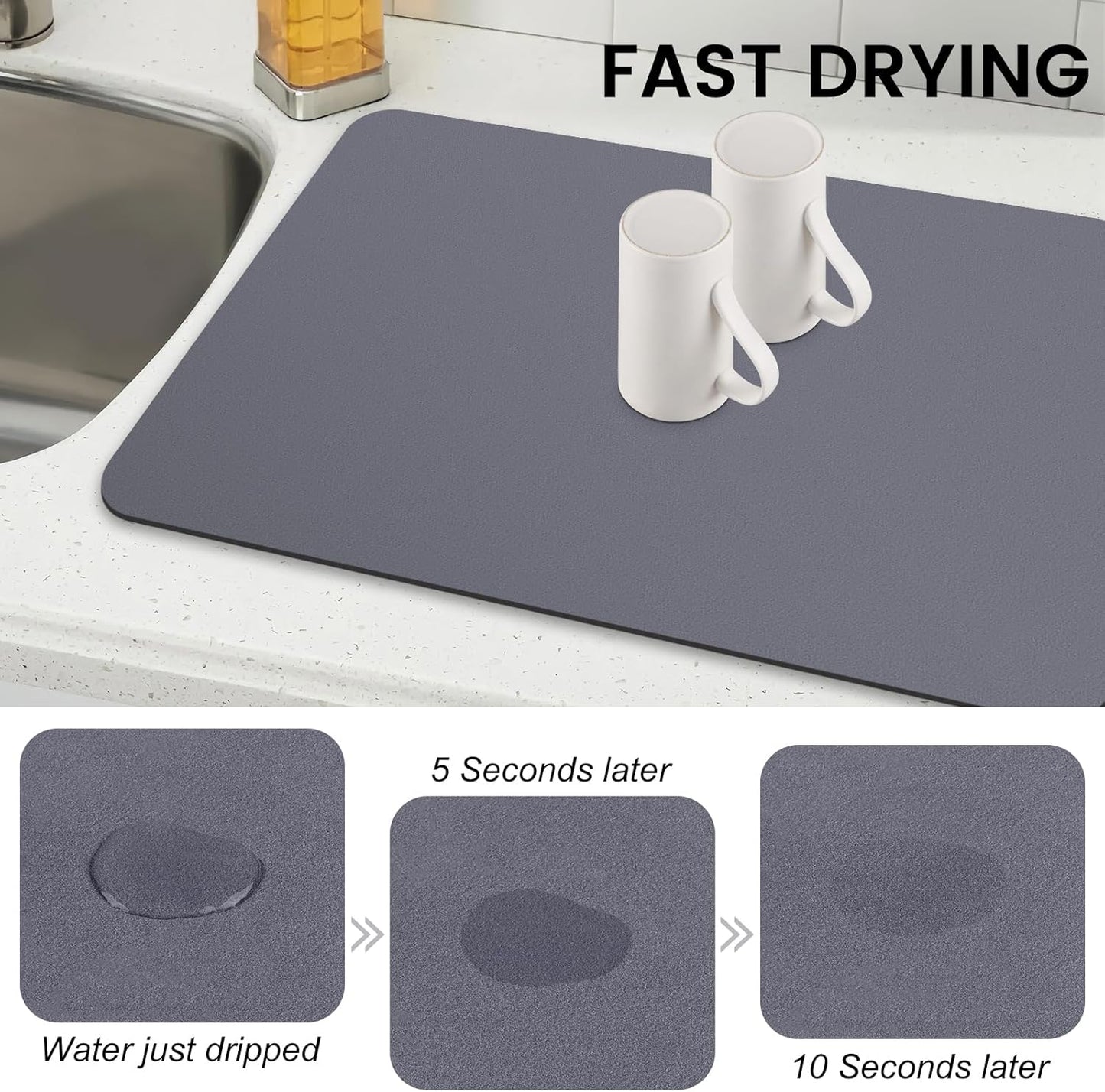 WISELIFE Dish Drying Mat Super Absorbent Drying Mat Large Dish Drying Mats for Kitchen Counter Easy Clean Dish Mat Kitchen Drying Mat15"x 18" Stylish Grey