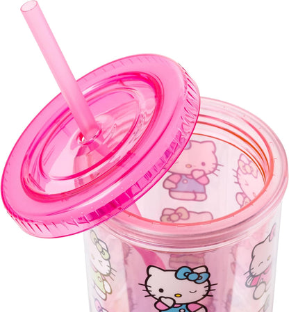Silver Buffalo Sanrio Hello Kitty Milk Carton Pattern Plastic Boba Tumbler w Lid and Wide Straw, 24 Ounces