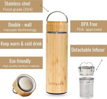 Bamboo Water Bottle Insulated Tea Tumbler for Men Birthday Gift, Women Travel Tea Set with Diffuser for Loose Tea Leaves, Stainless Steel Leak Proof Gift for Mom (15 oz)