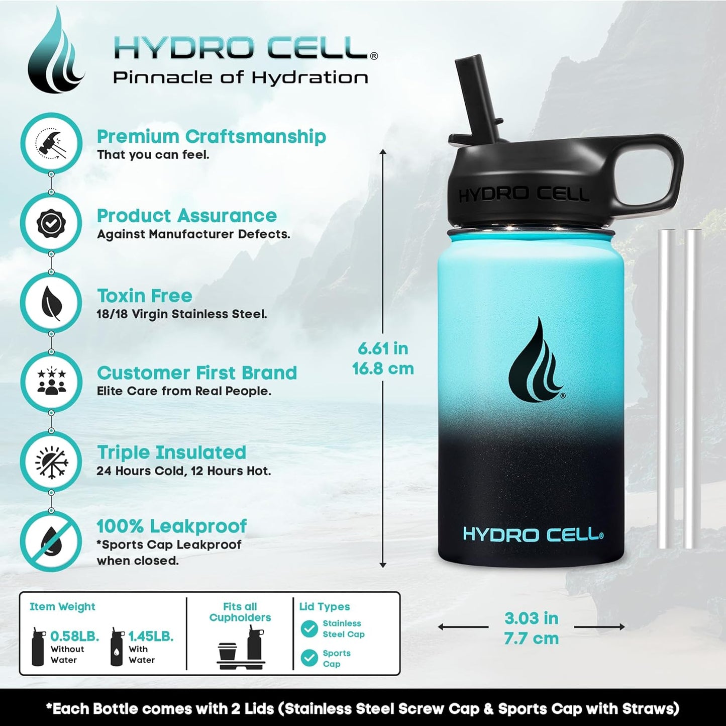 HYDRO CELL Stainless Steel Insulated Water Bottle with Straw - For Cold & Hot Drinks - Metal Vacuum Flask with Screw Cap and Modern Leakproof Sport Thermos for Adults (Neon 18oz)