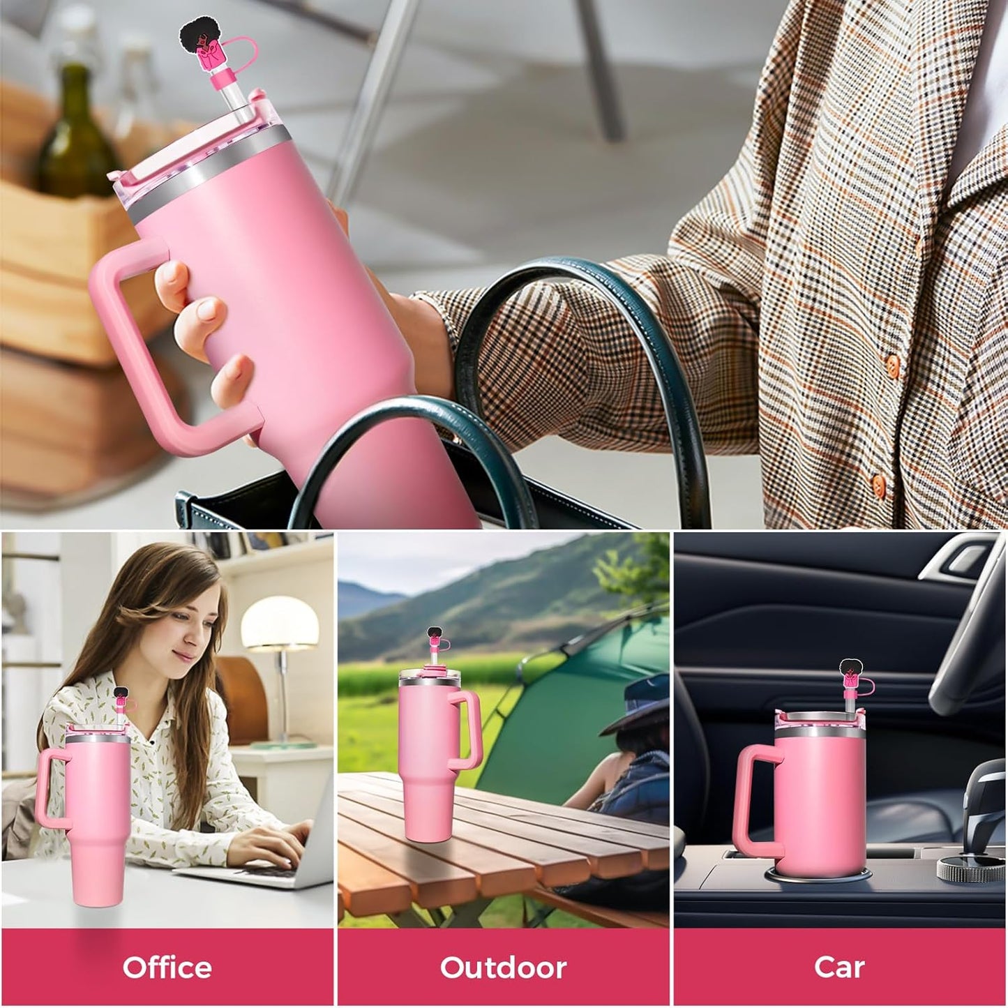 6PCS Pink Black Girl Straw Covers for Stanley Cup，Cute Silicone Straw Topper for 10mm Drinking Straw Tip Covers Stanley Cup Accessories