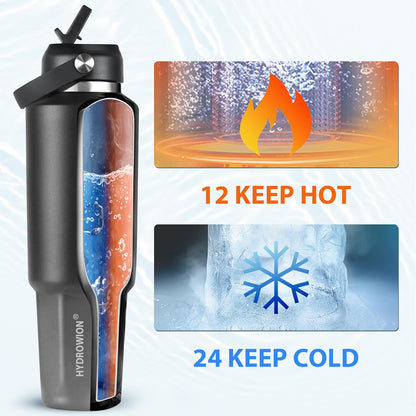 HYDROWION 32oz Stainless Steel Water Bottle(Cold for 48 Hrs, Hot for 24 Hrs),Double Wall Vacuum Insulated Water Bottle with Straw Lid, Spout Lid and Flex Cap, Fit in Any Car Cup Holder,Black