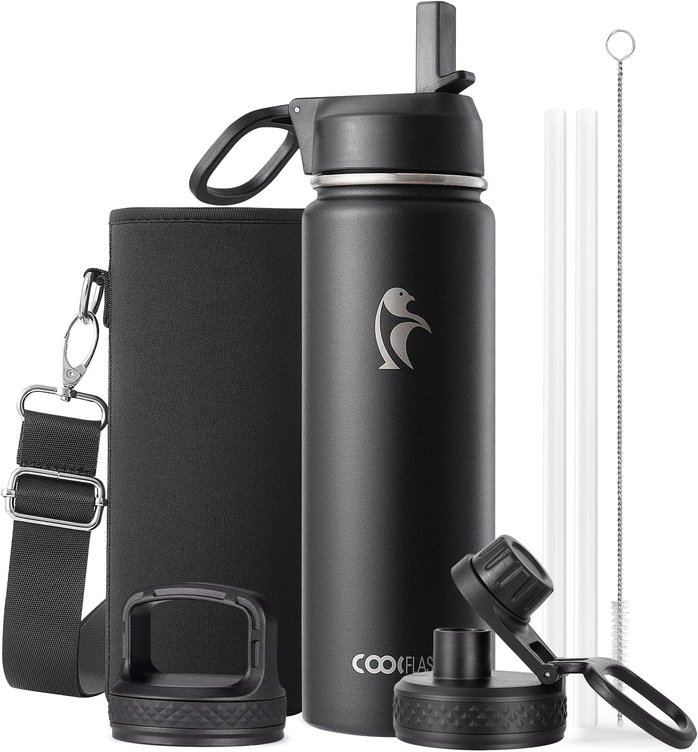 Half Gallon Water Bottle Insulated with Straw & 3 Lids, Coolflask 64 oz Water Jug Large Metal Stainless Steel Wide Mouth for Sports, Gym or Office, Non-BPA Keep Cold 48H Hot 24H, Samurai Cyan