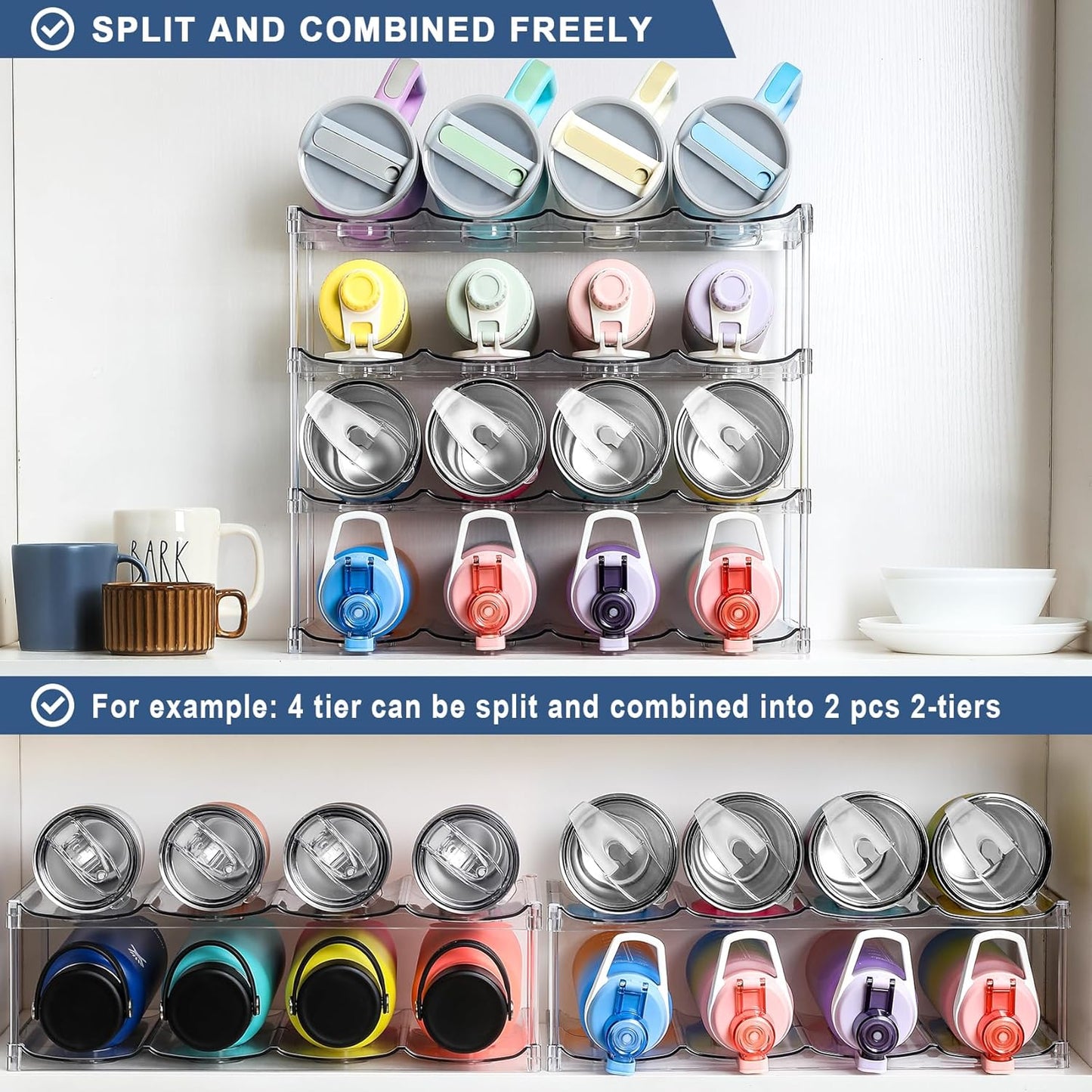 LARGER Compartment - 3 Tier Stackable Water Bottle Organizer Holder - for Stanley 40oz & Others' Large Tumbler - Clear Wine Rack, 12 Cup Bottle Holder for Cabinet Home Countertop Fridge Pantry Shelf