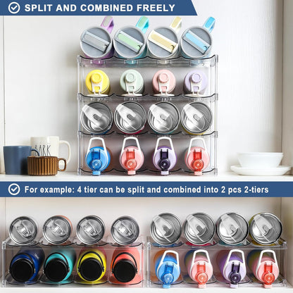 LARGER Compartment - 3 Tier Stackable Water Bottle Organizer Holder - for Stanley 40oz & Others' Large Tumbler - Clear Wine Rack, 12 Cup Bottle Holder for Cabinet Home Countertop Fridge Pantry Shelf