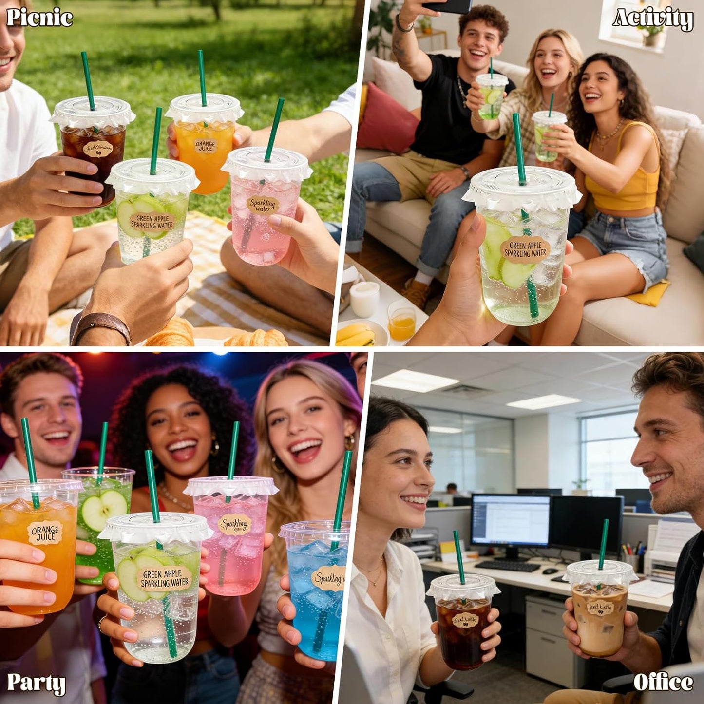 25 Sets 16 oz Clear Plastic Cups with Lids and Straws, Disposable Iced Coffee Cups for Cold Beverages, Smoothies, Bubble Tea, Includes Leak-Proof Paper and Stickers